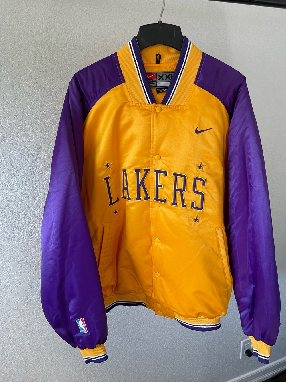 Men’s Vintage Nike Gold and Purple Los Angeles Lakers Satin Bomber Jacket
